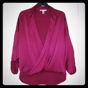 HP ❤ Kenneth Cole faux wrap high low maroon silky top